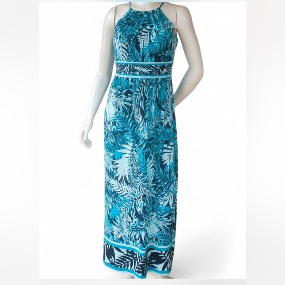 Roz & Ali Blue Tropical Palm Leaf Halter Maxi Dress - Size 12